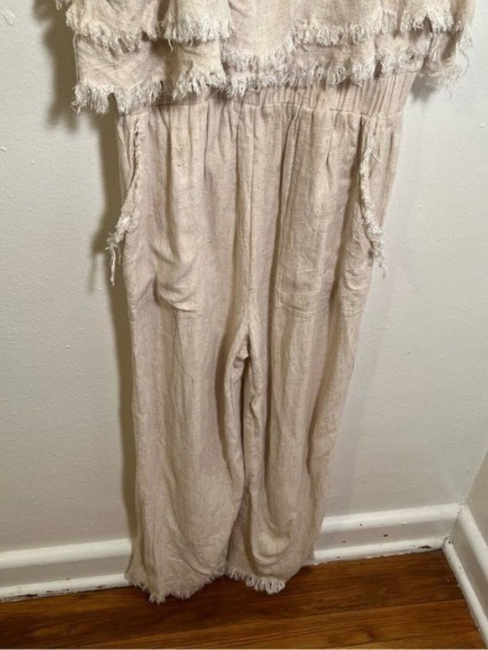 Umgee Women's Size Small Losing My Mind Tiered Jumpsuit Beige Fringe Hem Linen - Picture 6 of 14